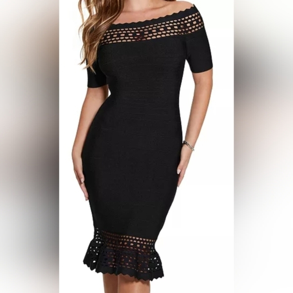 GUESS Gabriela Black peplum hem Bodycon Bandage Midi Dress size Small new - Picture 6 of 8